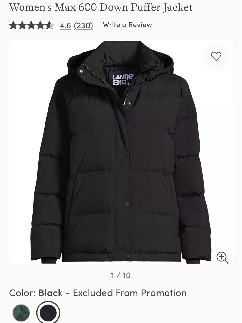 Lands' End Black Women's Hooded 600-Fill Down Puffer Jacket